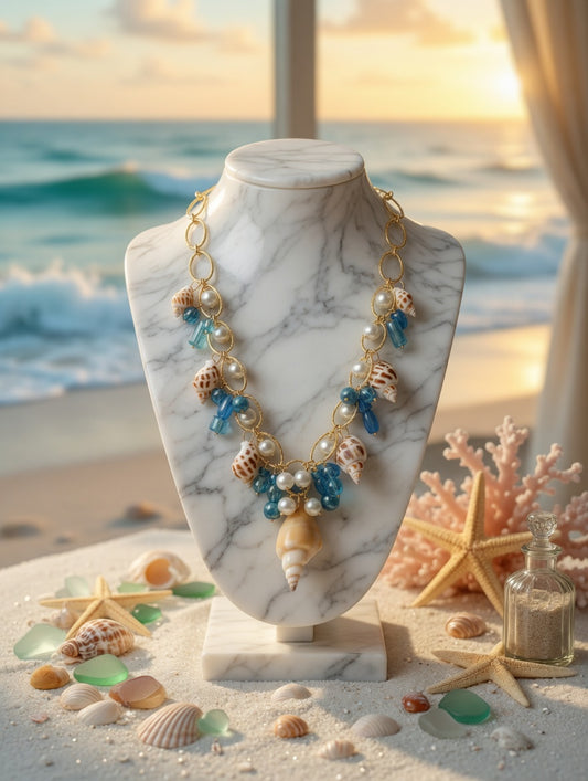Seashell Statement Necklace, Blue Bead Pearl Beach Necklace, Gold Nautical Coastal Charm Necklace, Summer Ocean Jewelry