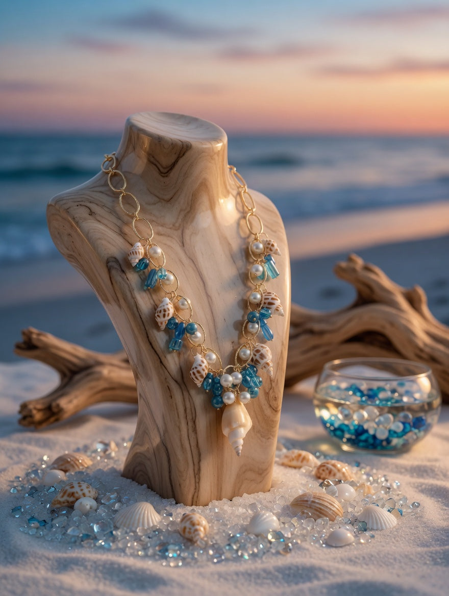Seashell Statement Necklace, Blue Bead Pearl Beach Necklace, Gold Nautical Coastal Charm Necklace, Summer Ocean Jewelry