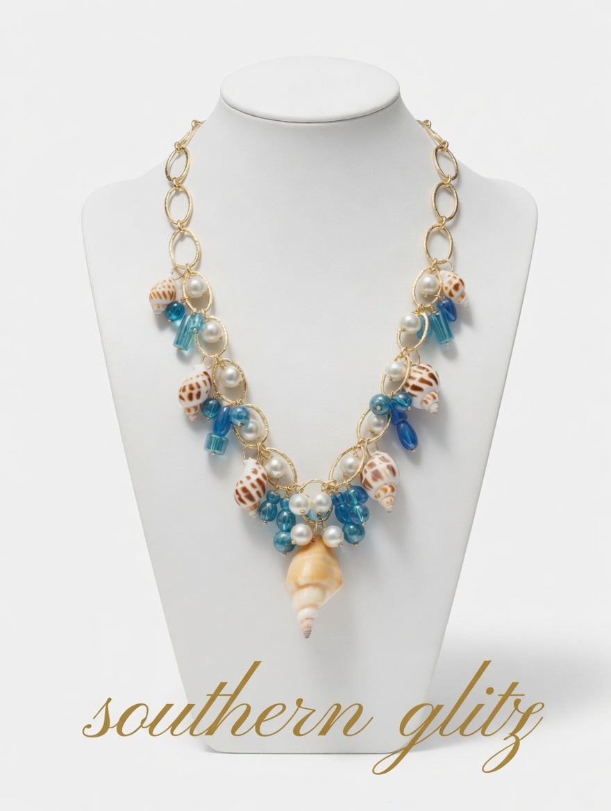 Seashell Statement Necklace, Blue Bead Pearl Beach Necklace, Gold Nautical Coastal Charm Necklace, Summer Ocean Jewelry