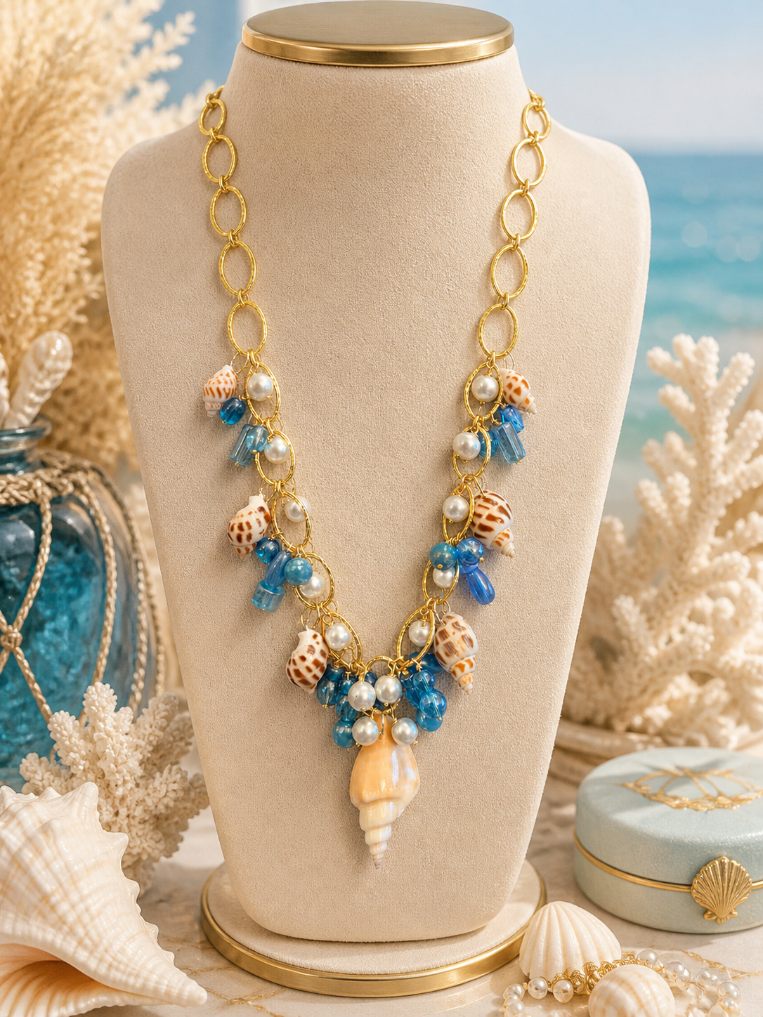 Seashell Statement Necklace, Blue Bead Pearl Beach Necklace, Gold Nautical Coastal Charm Necklace, Summer Ocean Jewelry