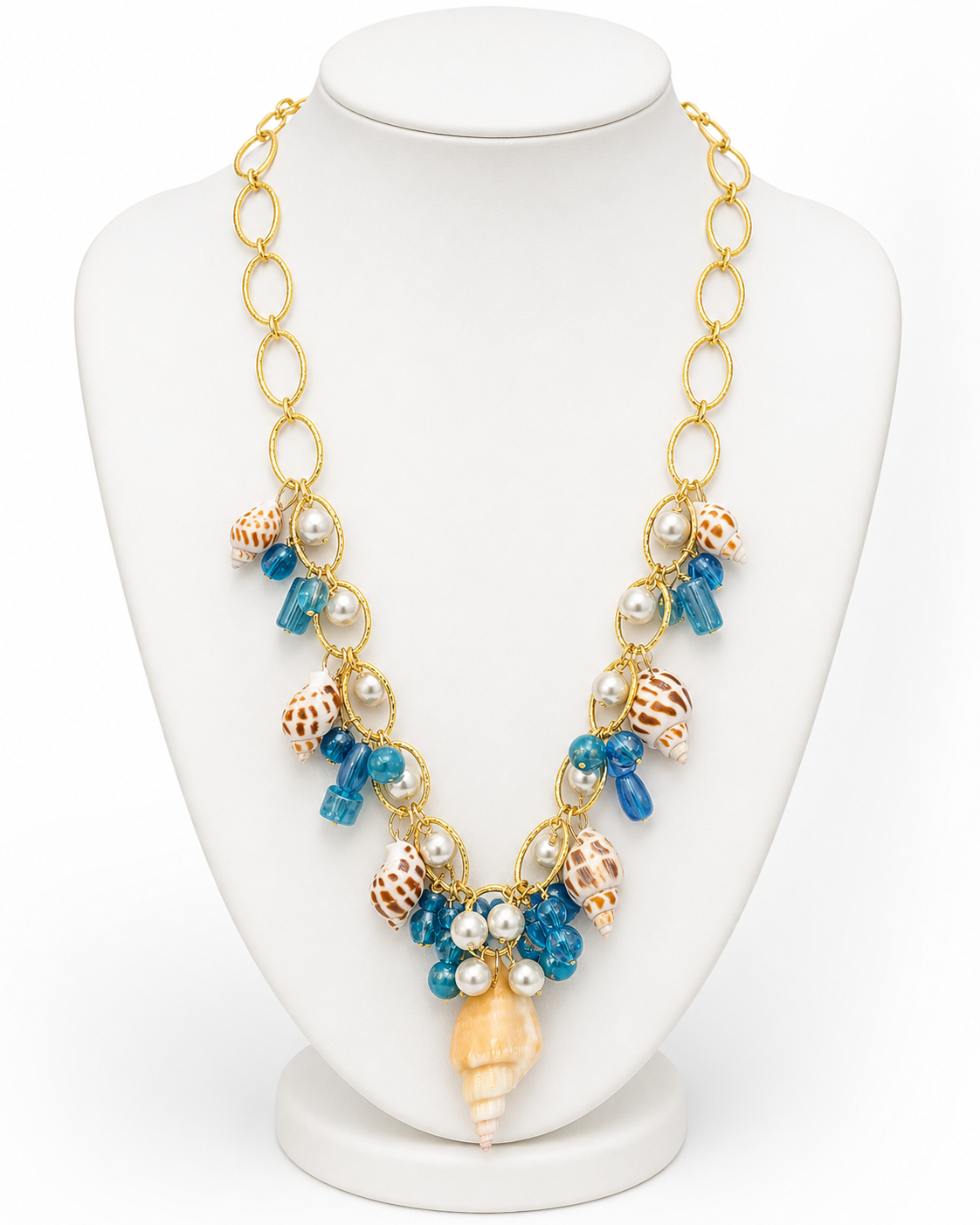 Seashell Statement Necklace, Blue Bead Pearl Beach Necklace, Gold Nautical Coastal Charm Necklace, Summer Ocean Jewelry