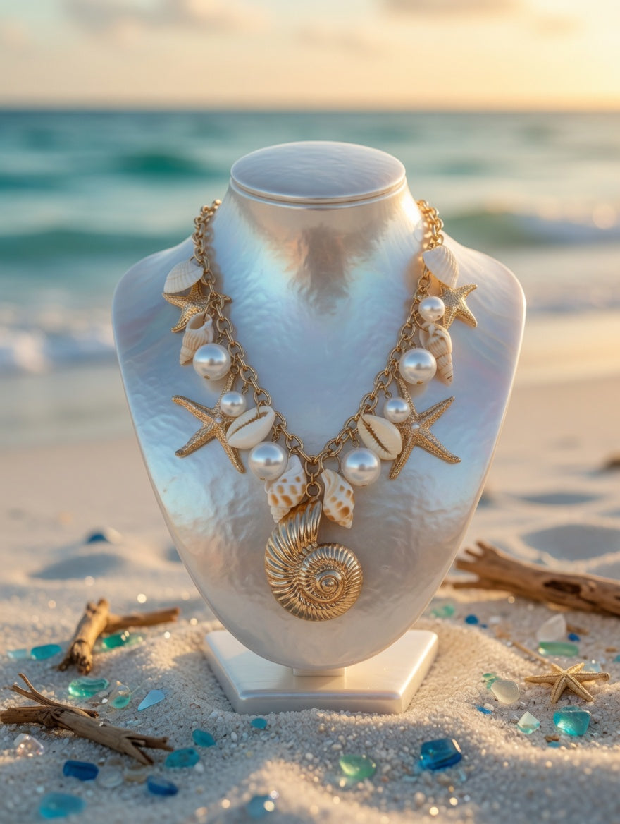Gold Seashell Statement Necklace, Nautical Beach Charm Necklace, Pearl Starfish Cowrie Shell Coastal Jewelry, Southern Glitz