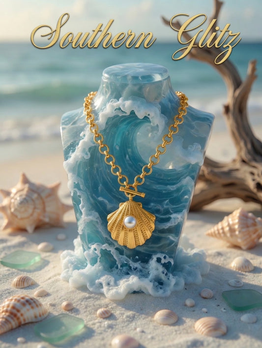 Gold Seashell Pearl Pendant Necklace | Coastal Shell Charm Necklace | Nautical Toggle Chain Jewelry | Beach Resort Statement Necklace