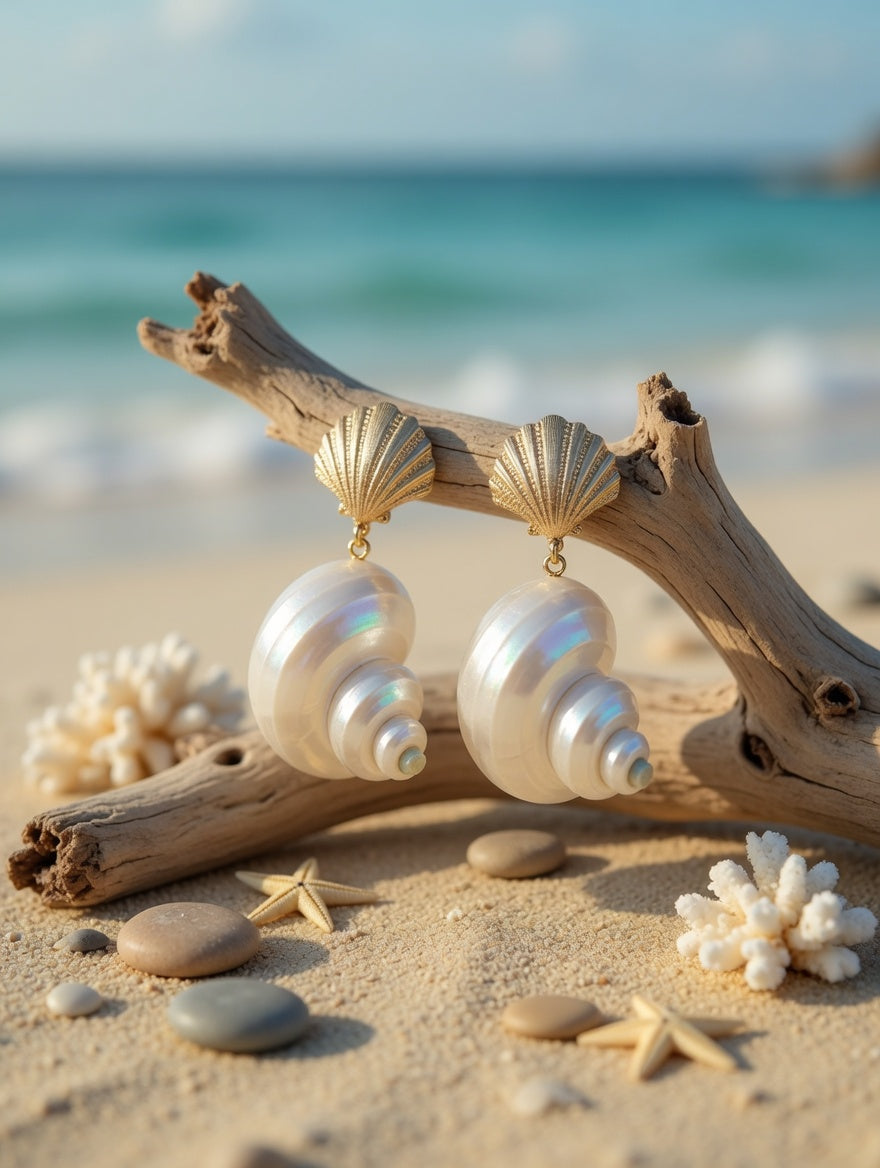 Gold Seashell Pearl Drop Earrings | Coastal Shell Statement Earrings | Beach Wedding Jewelry | Nautical Resort Earrings