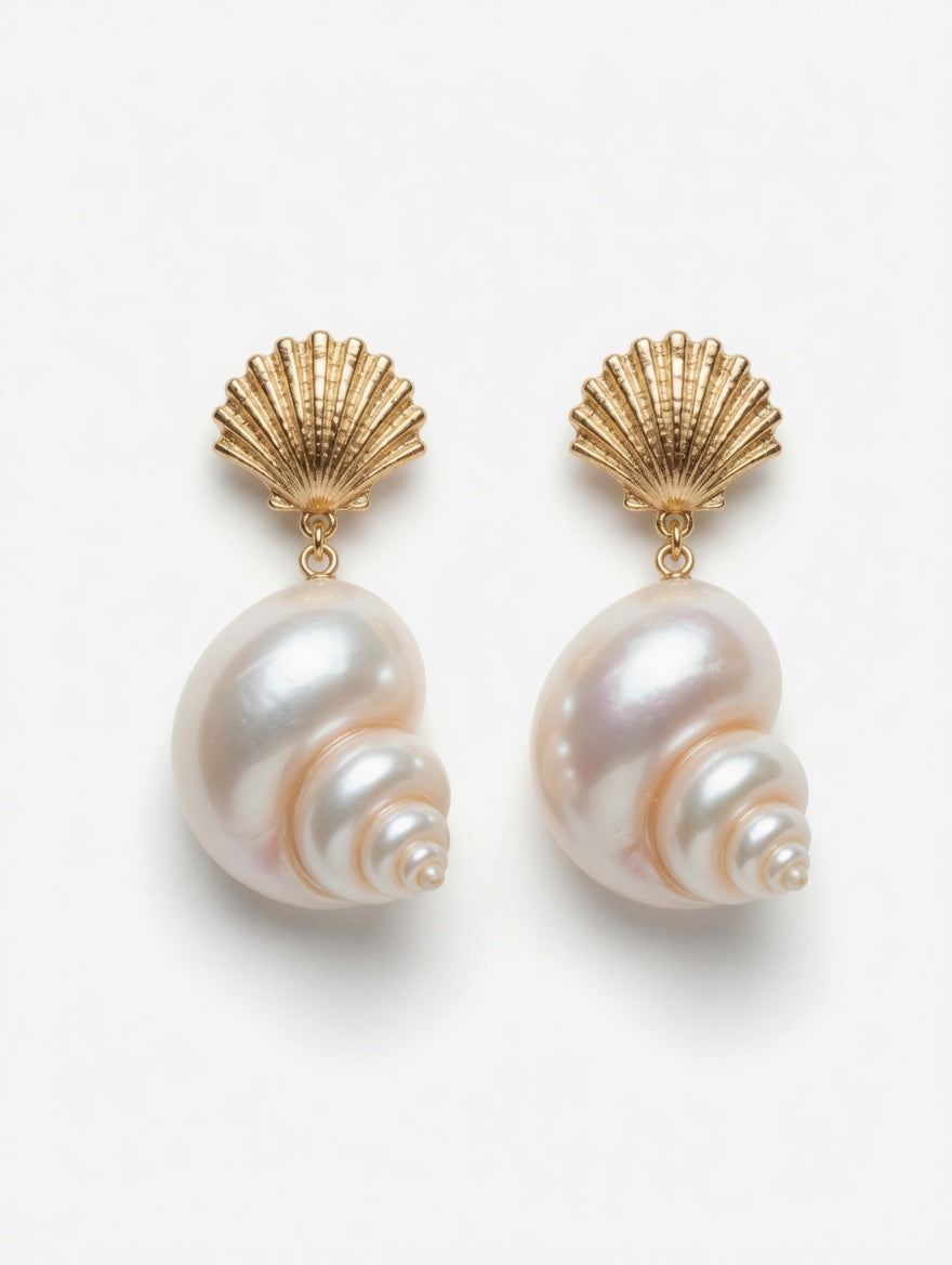 Gold Seashell Pearl Drop Earrings | Coastal Shell Statement Earrings | Beach Wedding Jewelry | Nautical Resort Earrings