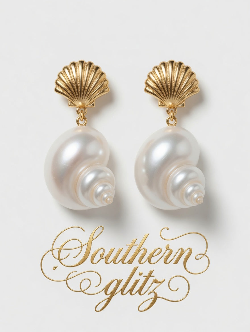 Gold Seashell Pearl Drop Earrings | Coastal Shell Statement Earrings | Beach Wedding Jewelry | Nautical Resort Earrings