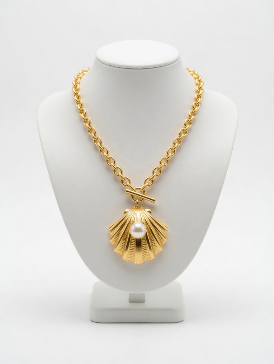 Gold Seashell Pearl Pendant Necklace | Coastal Shell Charm Necklace | Nautical Toggle Chain Jewelry | Beach Resort Statement Necklace