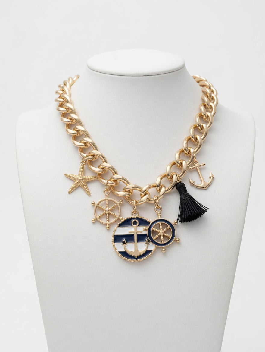 Nautical Gold Charm Necklace | Chunky Chain Anchor Starfish Ship Wheel Necklace | Coastal Statement Jewelry with Black Tassel