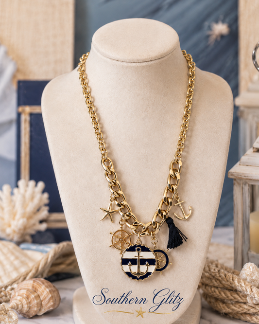 Nautical Gold Charm Necklace | Chunky Chain Anchor Starfish Ship Wheel Necklace | Coastal Statement Jewelry with Black Tassel