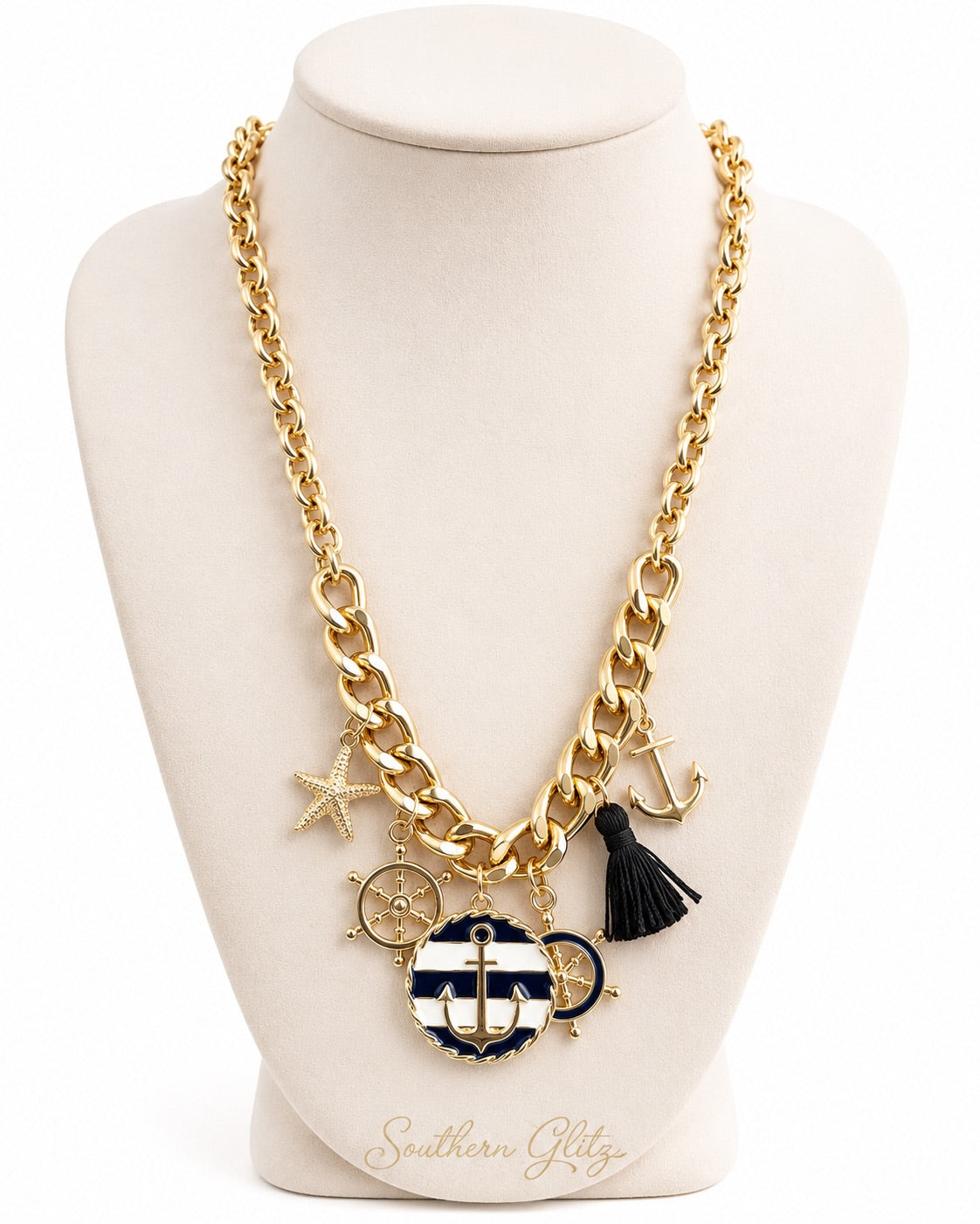 Nautical Gold Charm Necklace | Chunky Chain Anchor Starfish Ship Wheel Necklace | Coastal Statement Jewelry with Black Tassel
