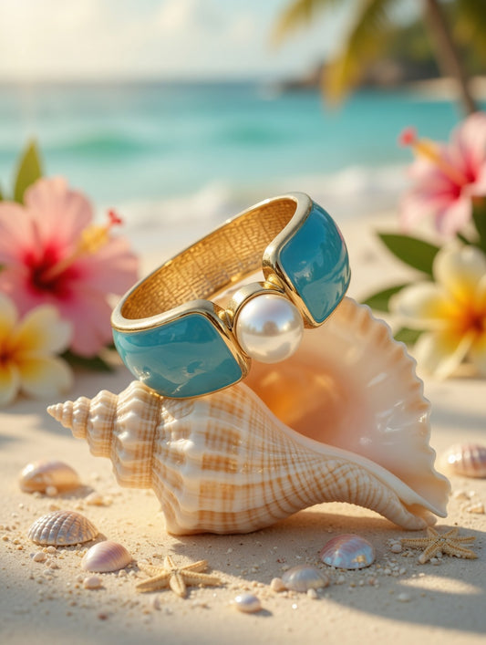 Turquoise color Enamel Pearl Cuff Bracelet, Gold Tone Statement Bangle, Boutique Summer Jewelry, Coastal Chic Bracelet