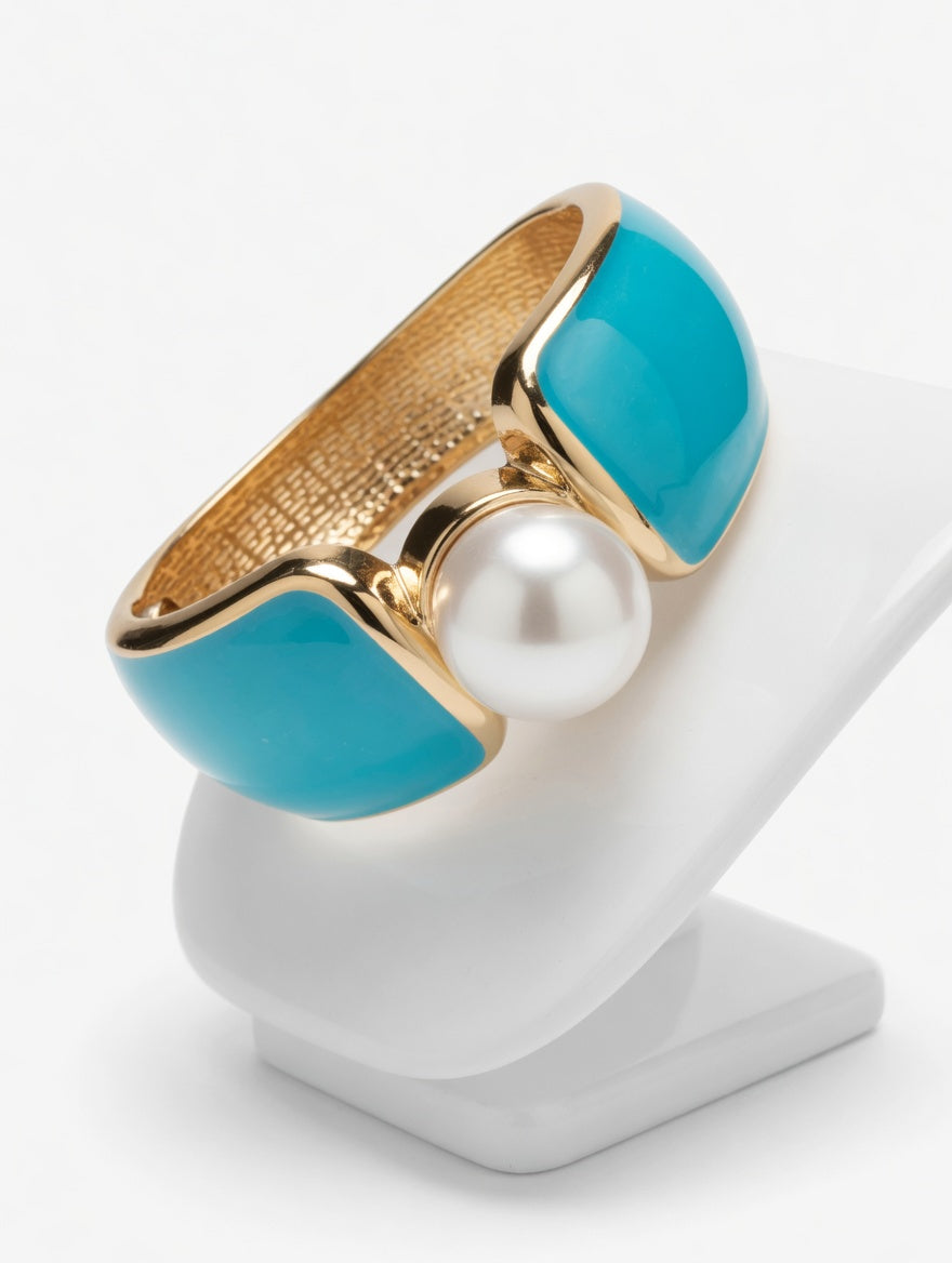 Turquoise color Enamel Pearl Cuff Bracelet, Gold Tone Statement Bangle, Boutique Summer Jewelry, Coastal Chic Bracelet