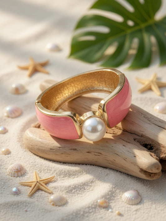 Coral Pink Pearl Cuff Bracelet, Gold Tone Statement Bangle, Coastal Beach Jewelry, Summer Boutique Bracelet