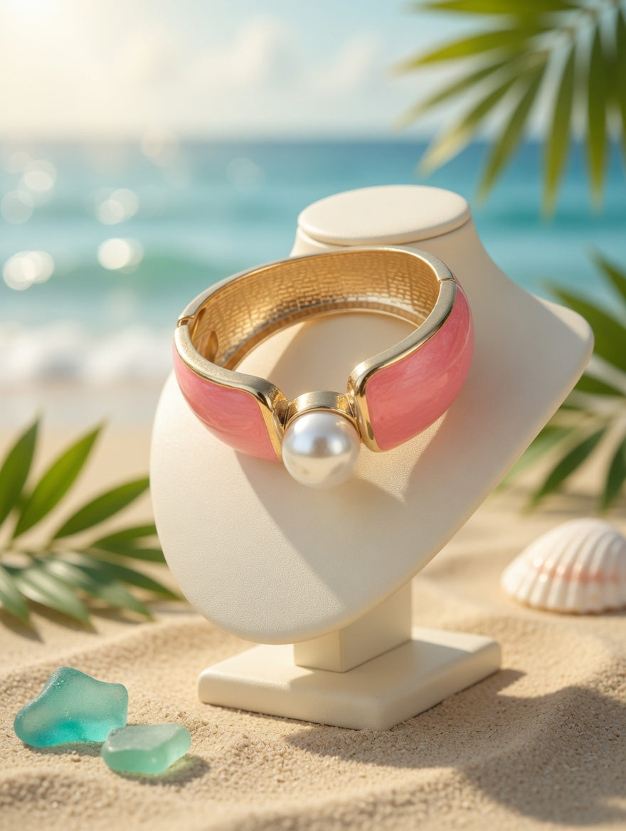 Coral Pink Pearl Cuff Bracelet, Gold Tone Statement Bangle, Coastal Beach Jewelry, Summer Boutique Bracelet