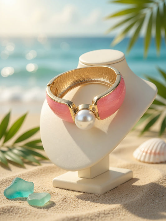 Coral Pink Pearl Cuff Bracelet, Gold Tone Statement Bangle, Coastal Beach Jewelry, Summer Boutique Bracelet
