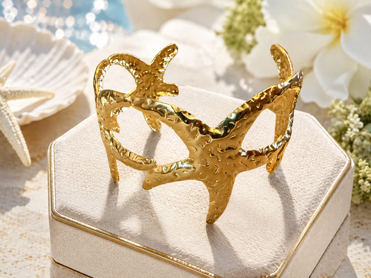 Gold Starfish Cuff Bracelet, Coastal Statement Bangle, Beach Jewelry, Ocean Inspired Boutique Bracelet