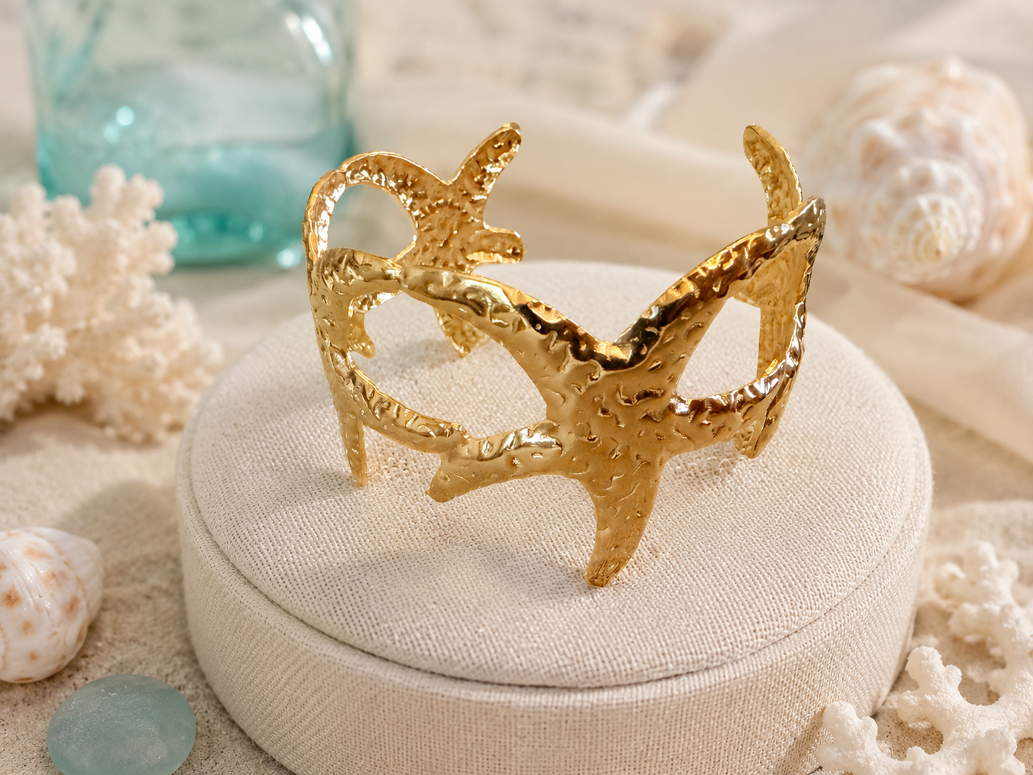 Gold Starfish Cuff Bracelet, Coastal Statement Bangle, Beach Jewelry, Ocean Inspired Boutique Bracelet