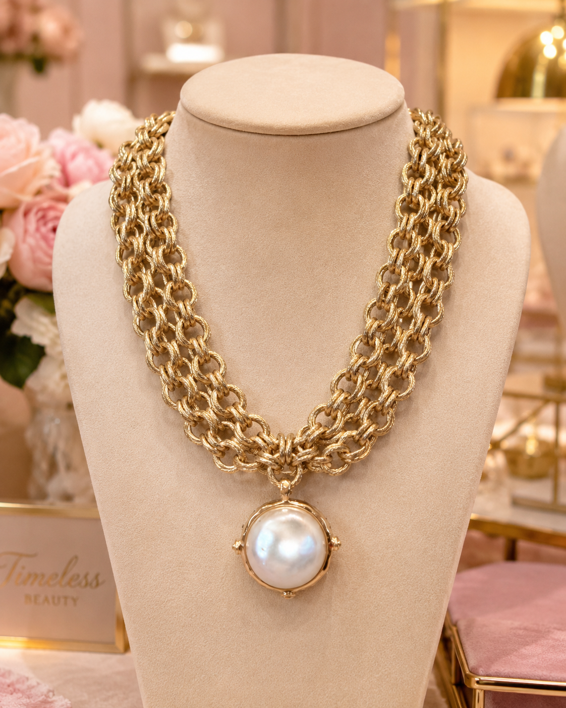 Gold Multi Strand Chain Necklace with Pearl Pendant, Statement Chunky Link Necklace, Boutique Pearl Jewelry