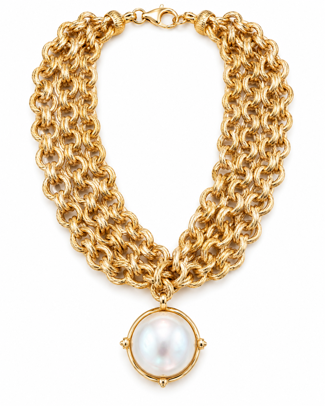 Gold Multi Strand Chain Necklace with Pearl Pendant, Statement Chunky Link Necklace, Boutique Pearl Jewelry