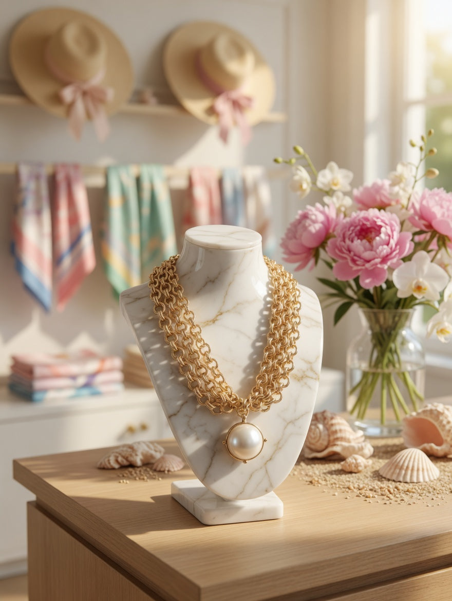 Gold Multi Strand Chain Necklace with Pearl Pendant, Statement Chunky Link Necklace, Boutique Pearl Jewelry