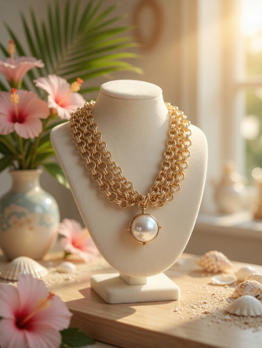 Gold Multi Strand Chain Necklace with Pearl Pendant, Statement Chunky Link Necklace, Boutique Pearl Jewelry