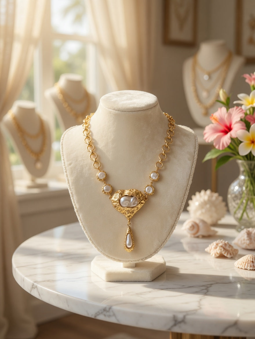 Gold Pearl Statement Necklace, Coastal Boutique Necklace, Baroque Pearl Pendant Jewelry, Beach Wedding Necklace