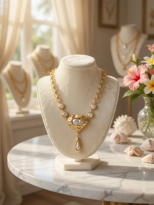 Gold Pearl Statement Necklace, Coastal Boutique Necklace, Baroque Pearl Pendant Jewelry, Beach Wedding Necklace