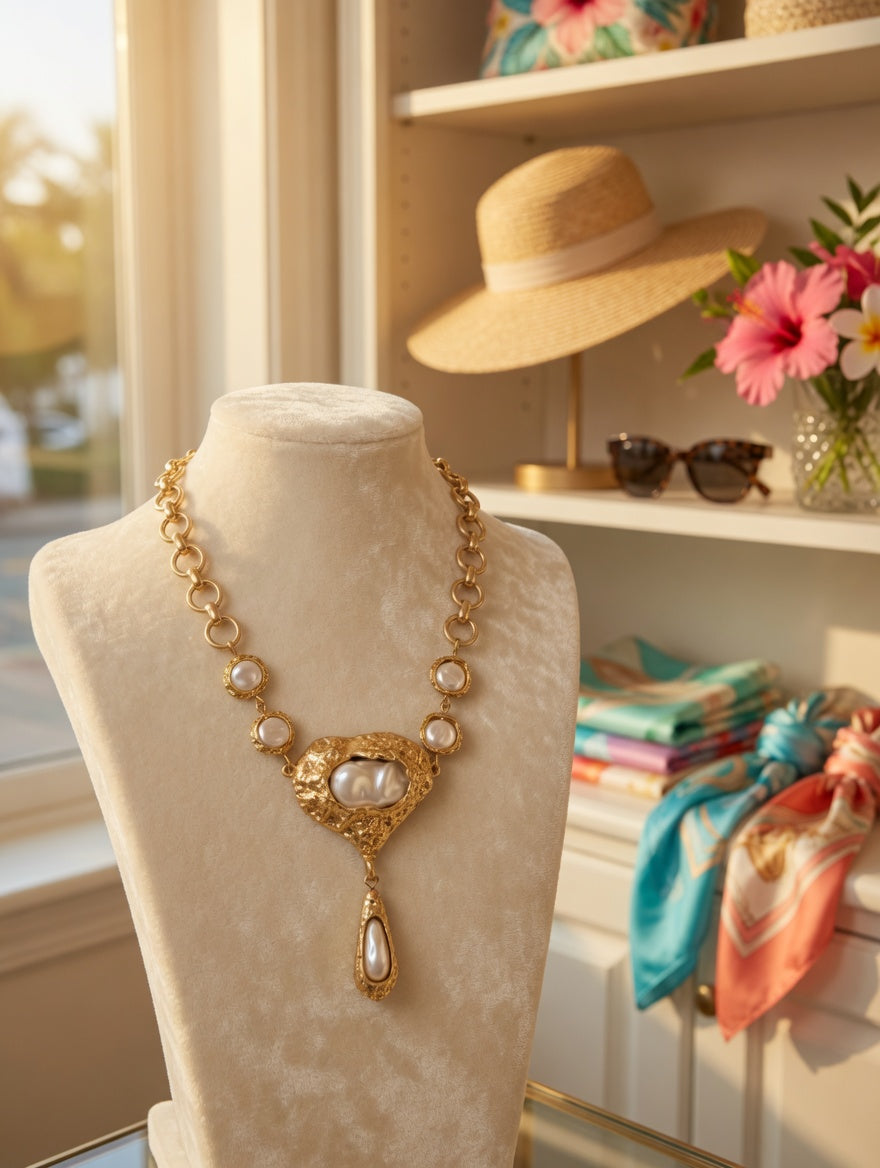 Gold Pearl Statement Necklace, Coastal Boutique Necklace, Baroque Pearl Pendant Jewelry, Beach Wedding Necklace
