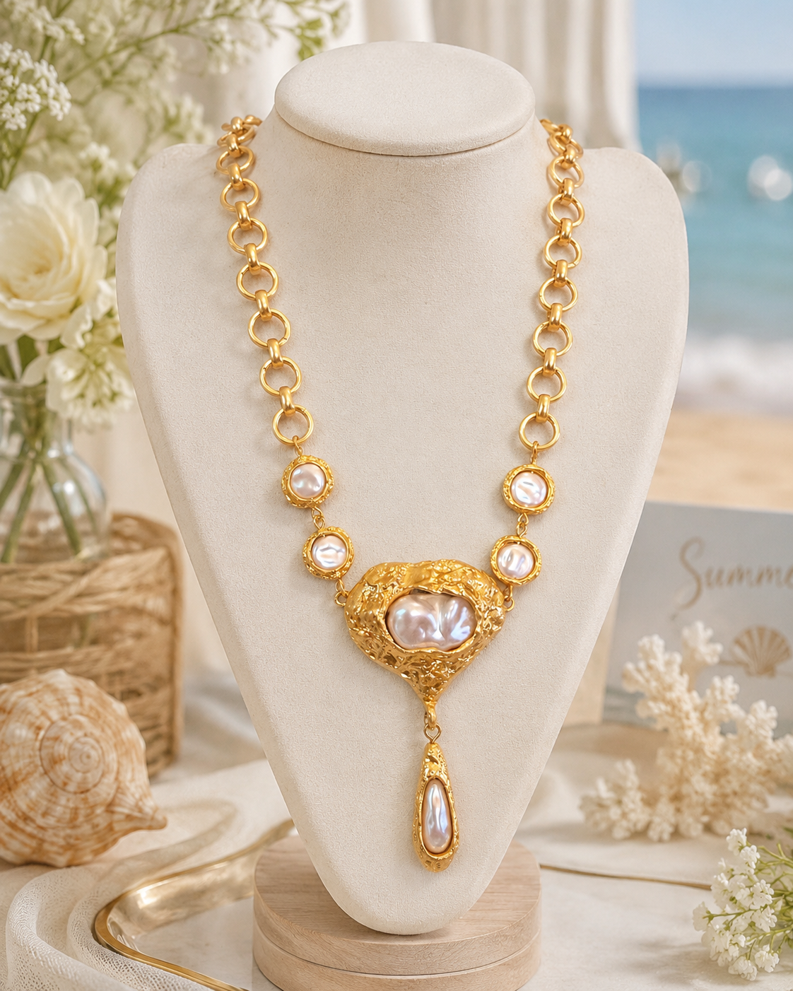 Gold Pearl Statement Necklace, Coastal Boutique Necklace, Baroque Pearl Pendant Jewelry, Beach Wedding Necklace