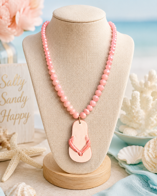 Pink Flip Flop Beaded Necklace | Summer Beach Jewelry | Coastal Vacation Necklace | Southern Glitz Resort Style Pendant