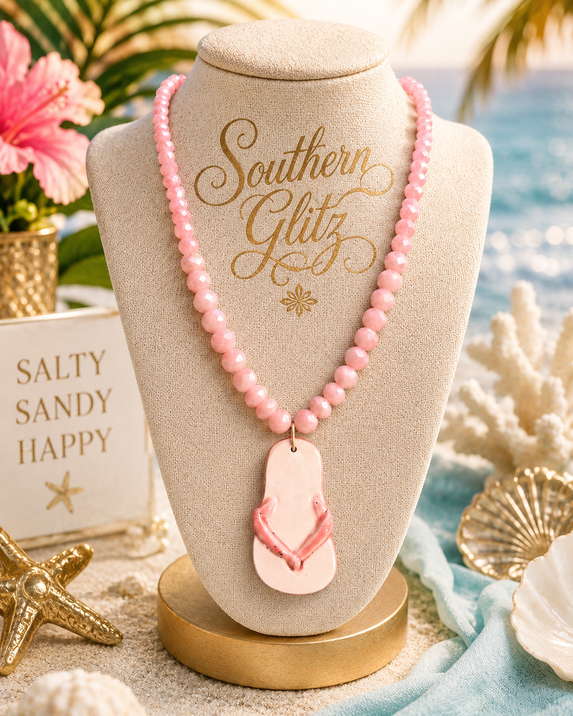 Pink Flip Flop Beaded Necklace | Summer Beach Jewelry | Coastal Vacation Necklace | Southern Glitz Resort Style Pendant