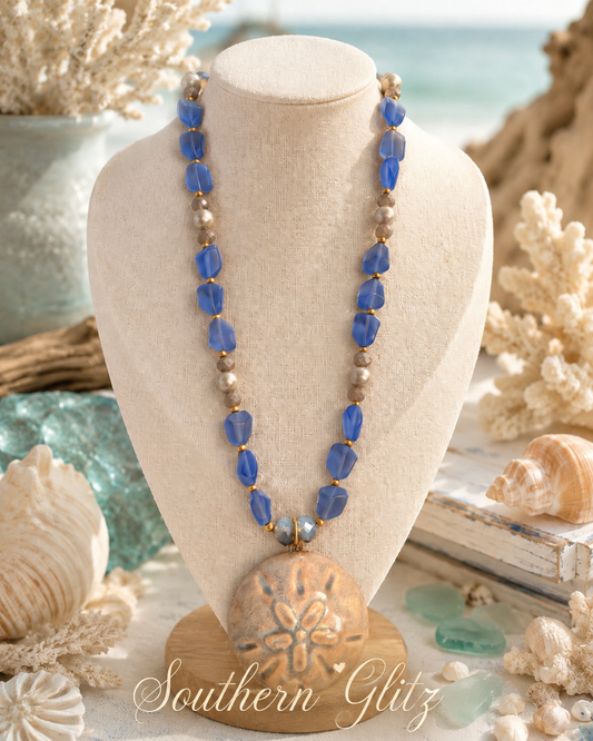 Blue Coastal Sand Dollar Necklace | Beach Beaded Necklace | Pearl Accent Summer Jewelry | Southern Glitz Coastal Collection