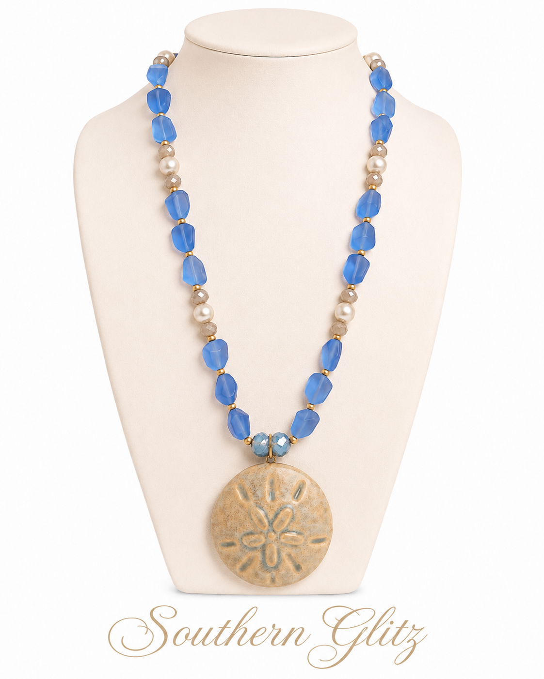 Blue Coastal Sand Dollar Necklace | Beach Beaded Necklace | Pearl Accent Summer Jewelry | Southern Glitz Coastal Collection