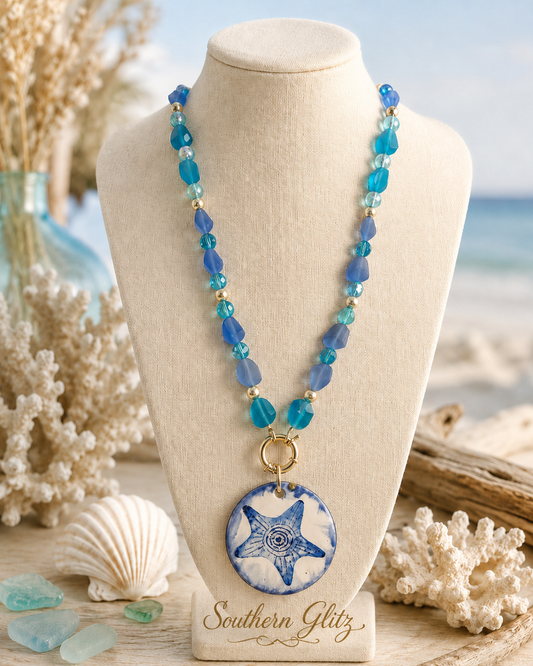 Coastal Blue Beaded Starfish Pendant Necklace | Turquoise & Periwinkle Summer Statement Necklace | Beach Vacation Jewelry