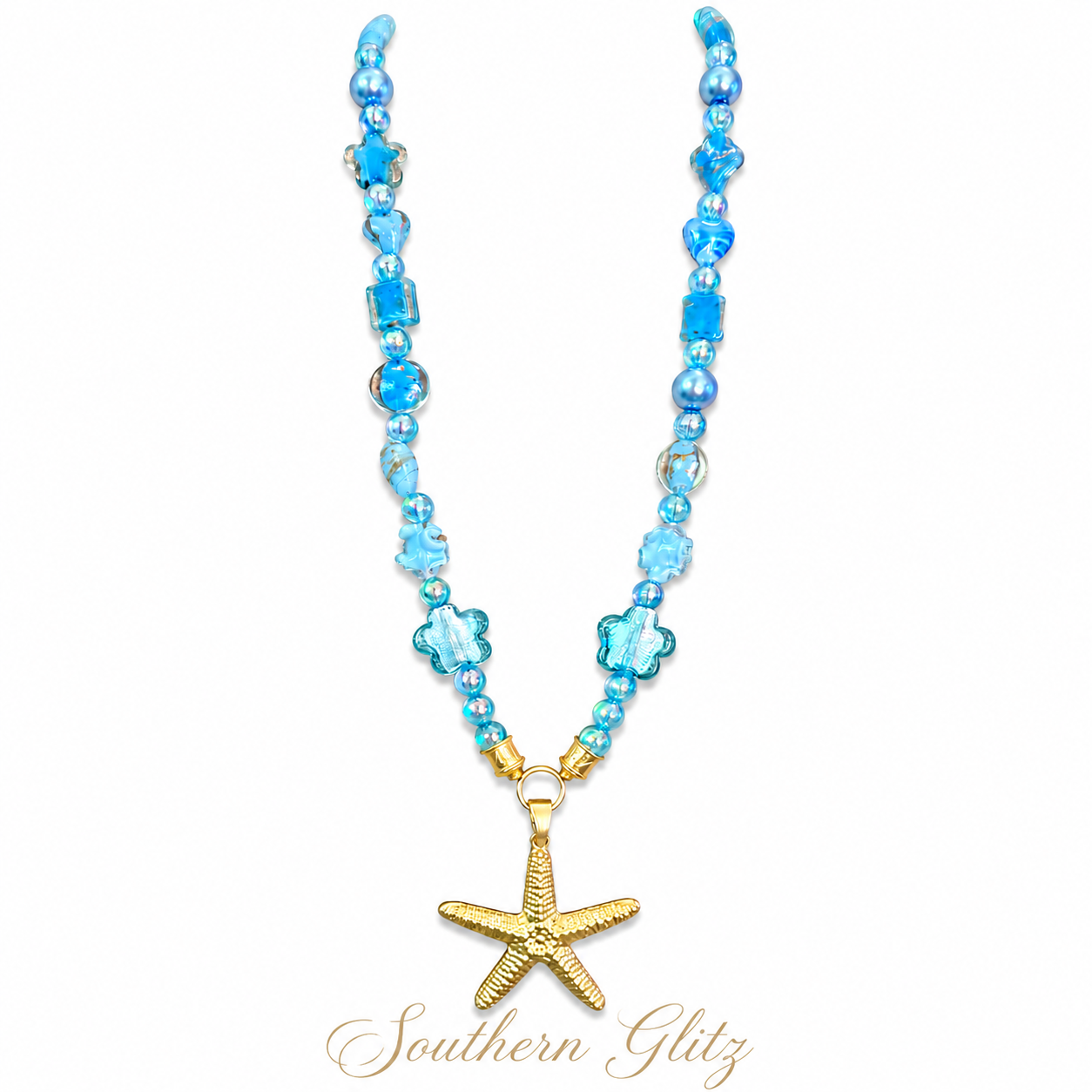 Gold Starfish Pendant Necklace | Blue Coastal Beaded Necklace | Summer Beach Statement Jewelry