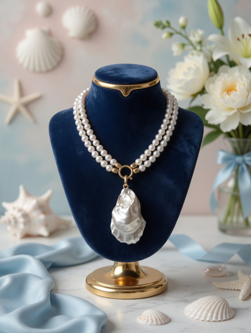 Double Strand Pearl Necklace with Baroque Pearl Pendant, Gold Toggle Clasp, Coastal Bridal Statement Jewelry