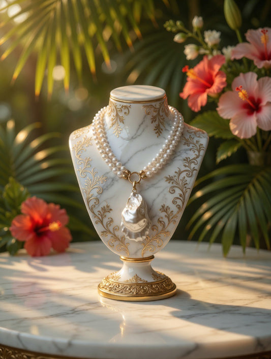 Double Strand Pearl Necklace with Baroque Pearl Pendant, Gold Toggle Clasp, Coastal Bridal Statement Jewelry