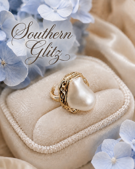 Baroque Pearl Statement Ring, Gold Tone Adjustable Cocktail Ring, Elegant Coastal Bridal Jewelry, Gift for Her