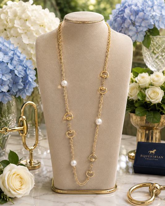 Gold Equestrian Horse Bit & Pearl Necklace, Long Layered Snaffle Bit Necklace, Horse Lover Jewelry, Equestrian Statement Necklace