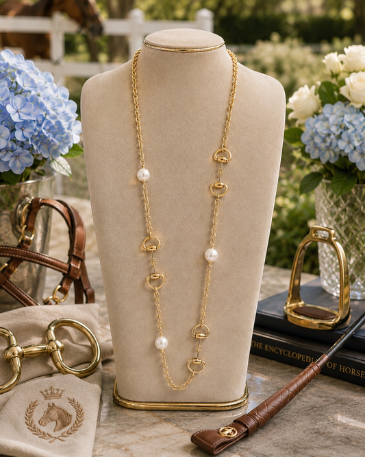 Gold Equestrian Horse Bit & Pearl Necklace, Long Layered Snaffle Bit Necklace, Horse Lover Jewelry, Equestrian Statement Necklace