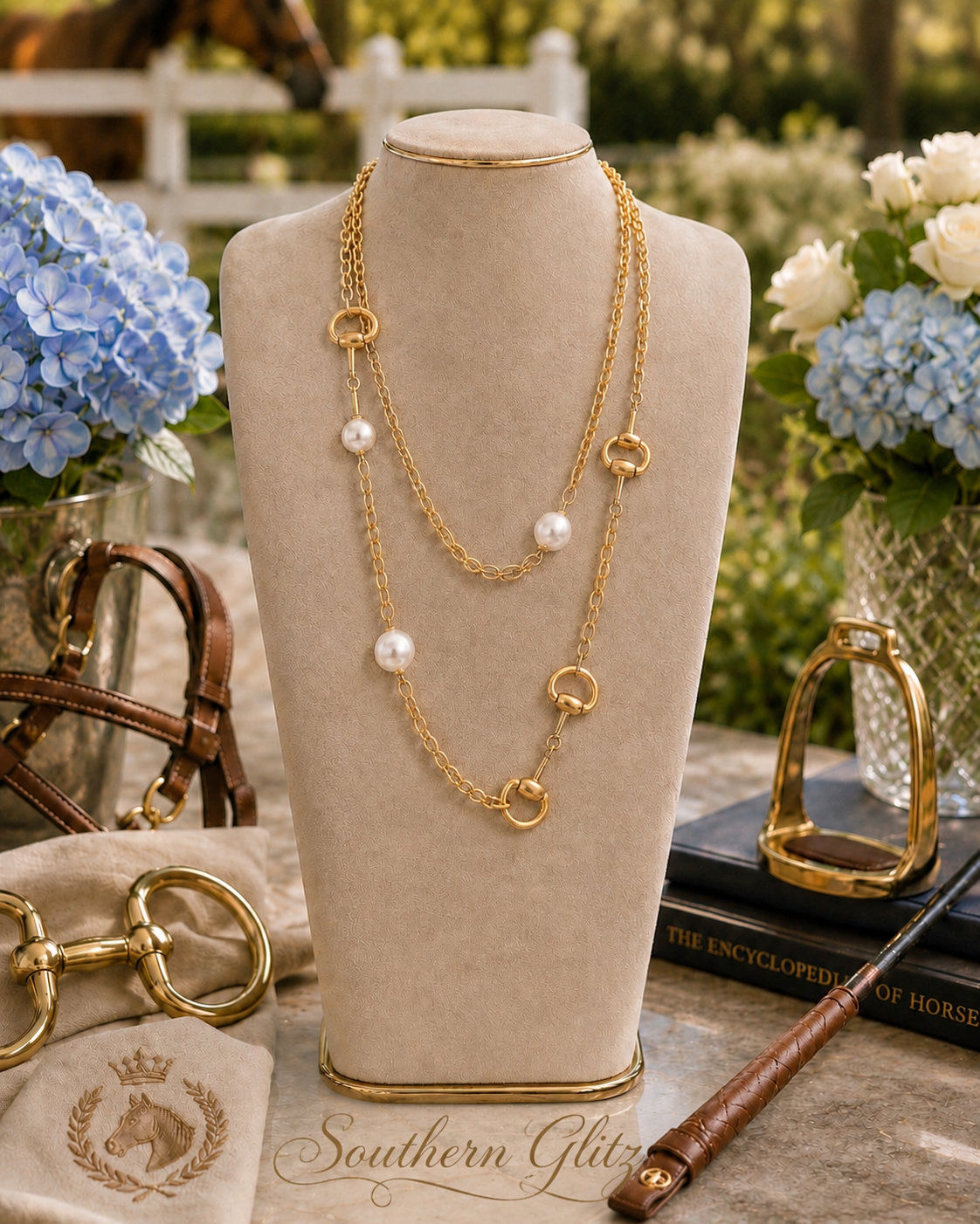 Gold Equestrian Snaffle Bit Necklace with Pearl Accents, Long Layered Horse Jewelry, English Riding Statement Necklace, Horse Lover Gift