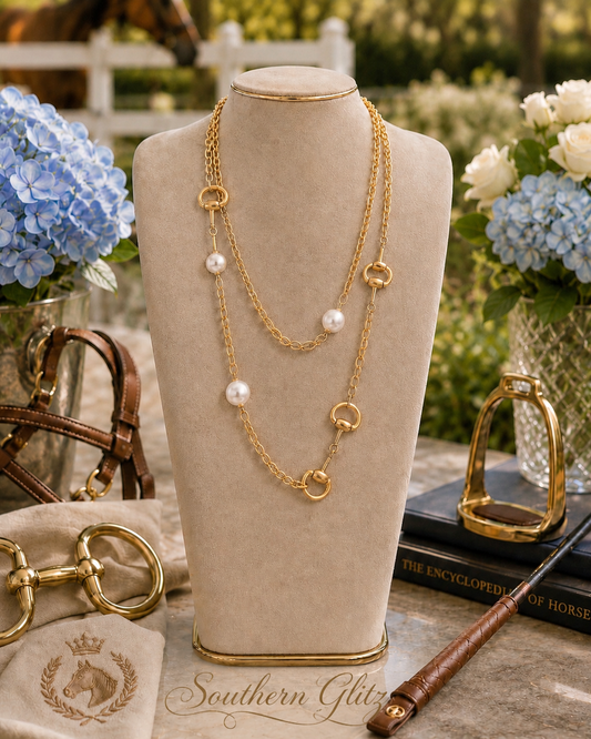 Gold Equestrian Snaffle Bit Necklace with Pearl Accents, Long Layered Horse Jewelry, English Riding Statement Necklace, Horse Lover Gift