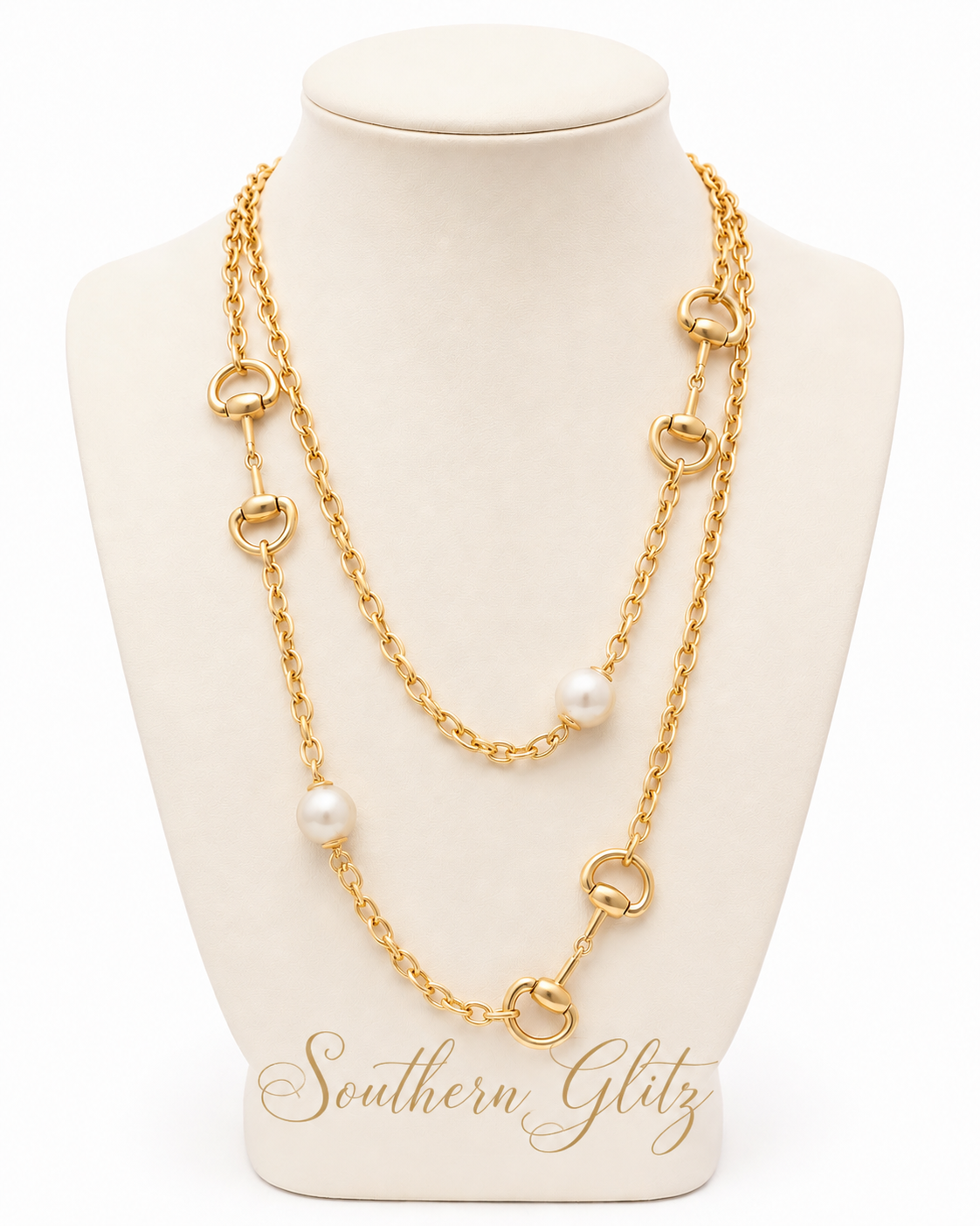 Gold Equestrian Horse Bit & Pearl Necklace, Long Layered Snaffle Bit Necklace, Horse Lover Jewelry, Equestrian Statement Necklace