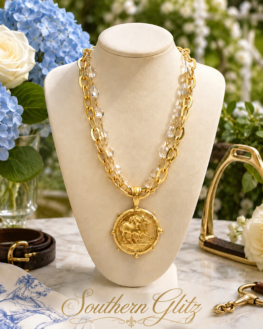 Gold Horse Medallion Necklace with Crystal Beads, Layered Equestrian Statement Necklace, Horse Lover Gift, Derby Jewelry