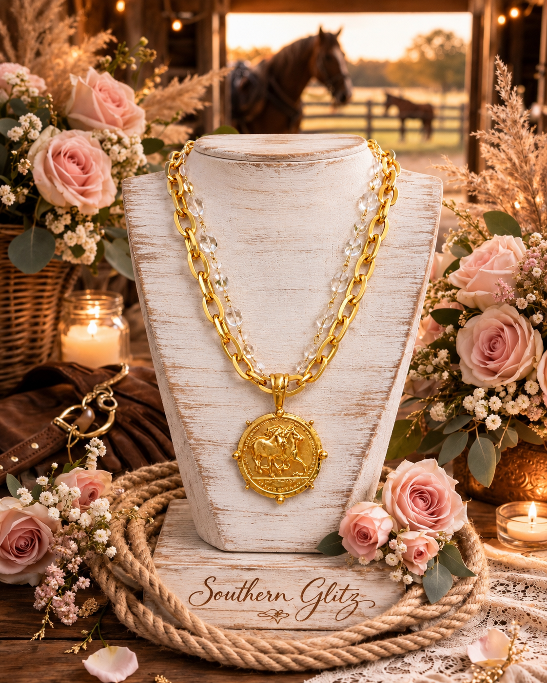 Gold Horse Medallion Necklace with Crystal Beads, Layered Equestrian Statement Necklace, Horse Lover Gift, Derby Jewelry