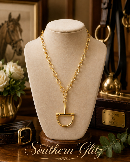 Gold Stirrup Necklace, Equestrian Pendant Jewelry, Oval Link Chain Necklace, Horse Lover Gift, English Riding Statement Necklace
