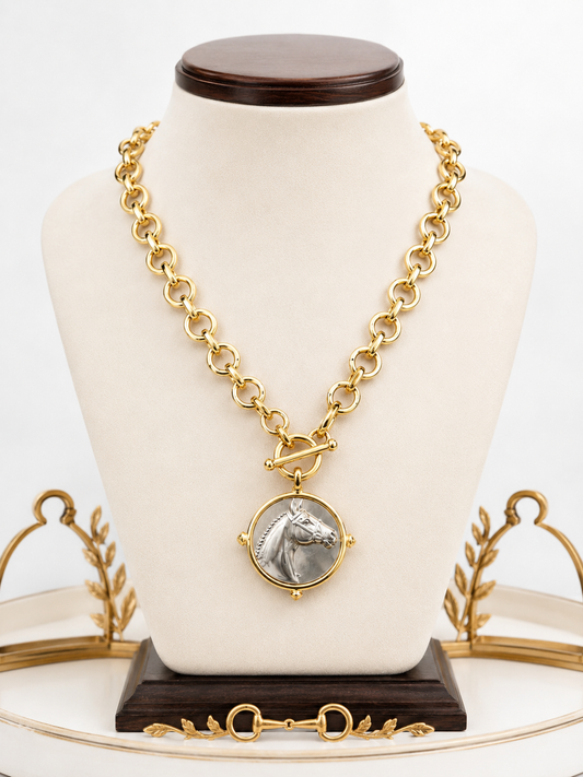 Two Tone Horse Head Medallion Necklace, Gold Toggle Chain Equestrian Jewelry, Statement Horse Necklace, Rider Gift