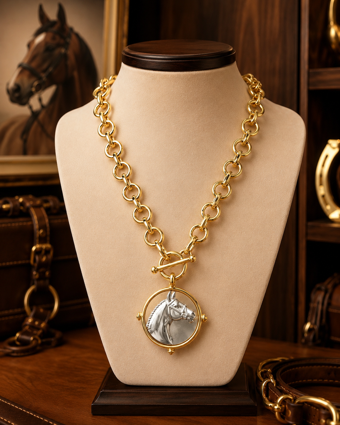 Two Tone Horse Head Medallion Necklace, Gold Toggle Chain Equestrian Jewelry, Statement Horse Necklace, Rider Gift