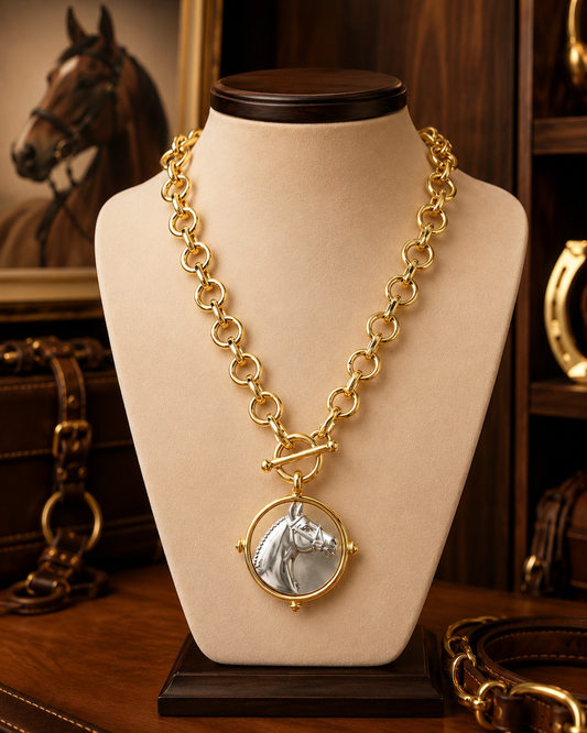 Two Tone Horse Head Medallion Necklace, Gold Toggle Chain Equestrian Jewelry, Statement Horse Necklace, Rider Gift