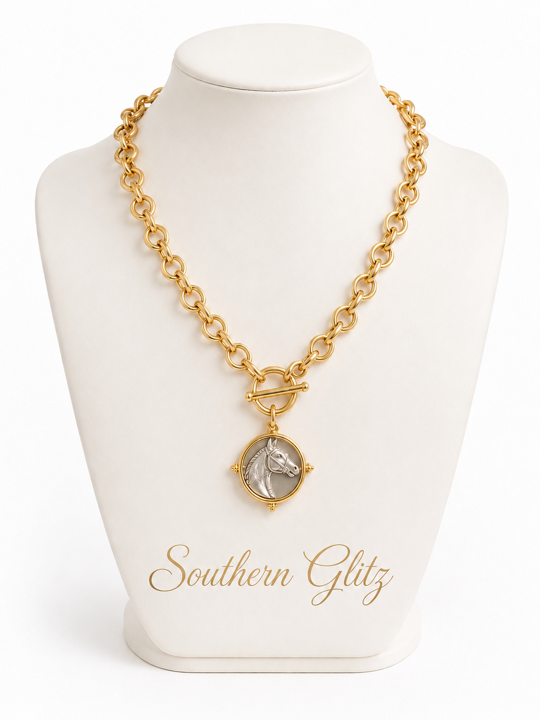 Two Tone Horse Head Medallion Necklace, Gold Toggle Chain Equestrian Jewelry, Statement Horse Necklace, Rider Gift